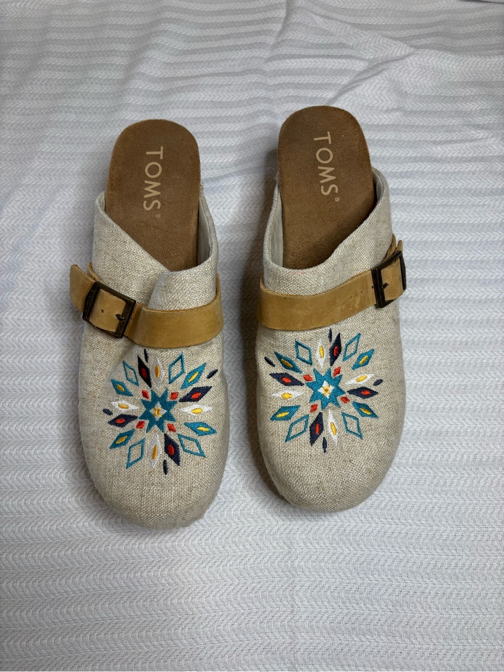 TOMS Natural Embroidered Clogs with Tan Buckle Strap